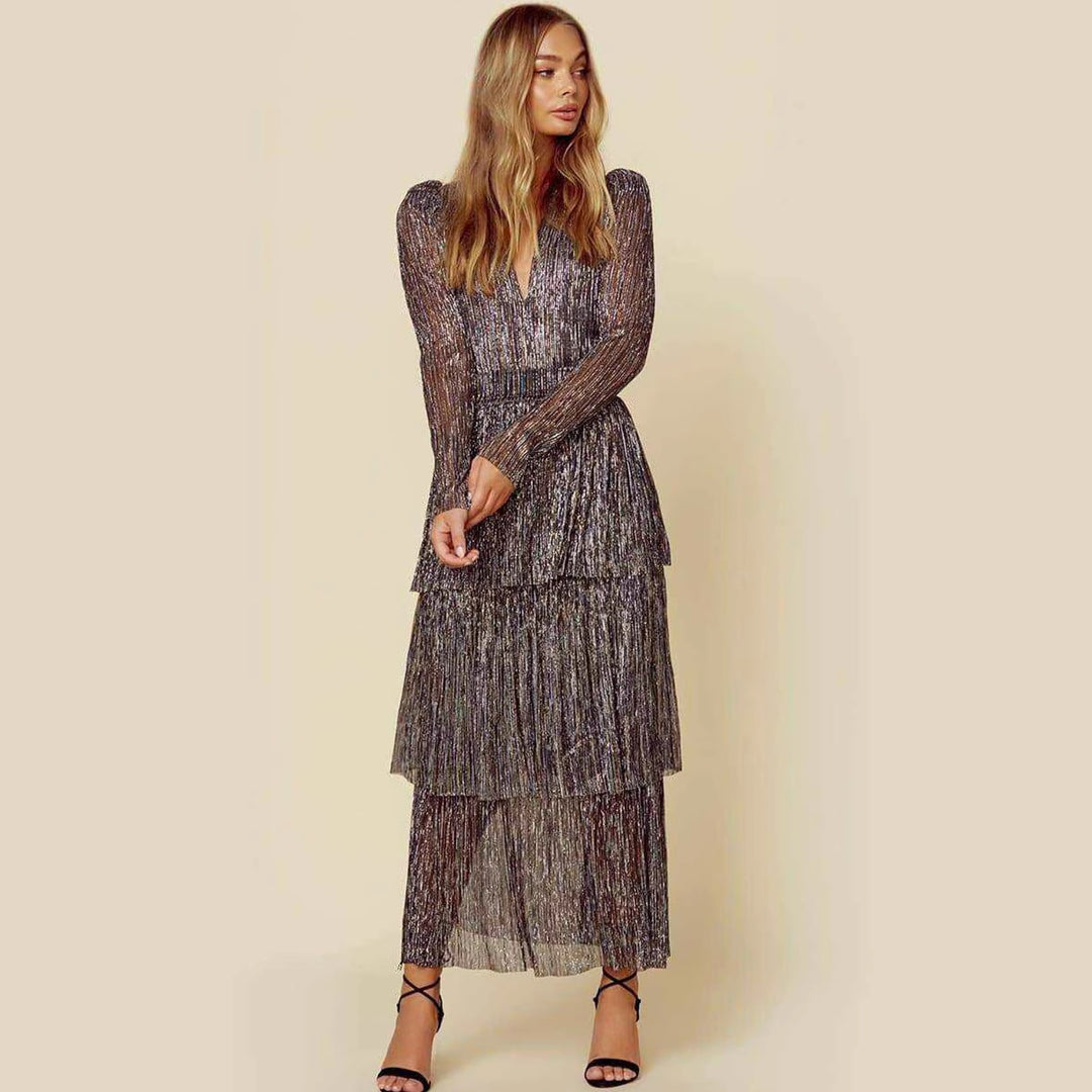 Damen Glamouröses Abendkleid mit schillernden Lagen und V-Ausschnitt EB