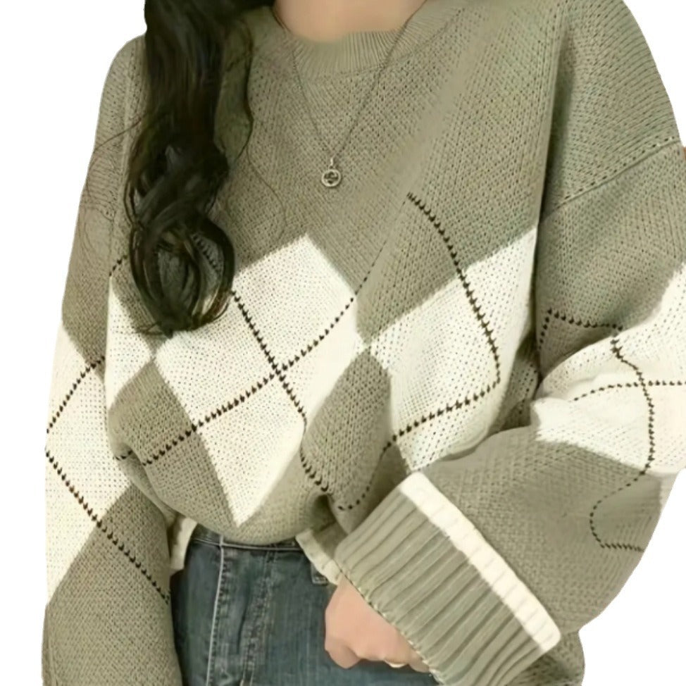 Damen Grobstrickpullover mit modernen Rautenmustern und weitem Schnitt EB