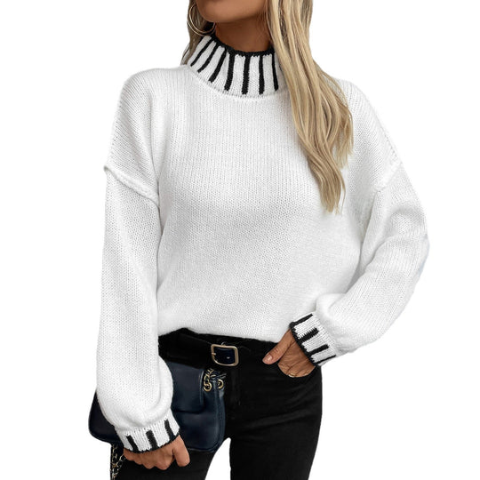 Damen modischer Pullover mit hochgeschlossenem Kragen und kontrastierenden Bündchen EB