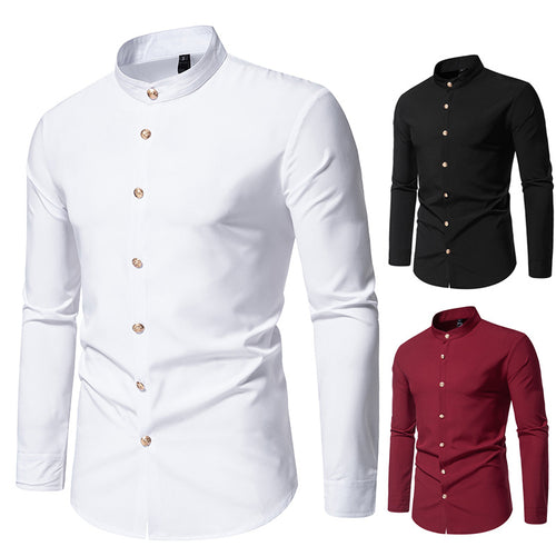 Herren Langarmhemd mit modernem Stehkragen und eleganten Knopfdetails EB