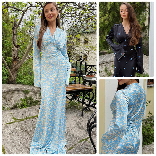 Damen Langärmeliges Maxikleid mit floralen Mustern und femininer Silhouette EB