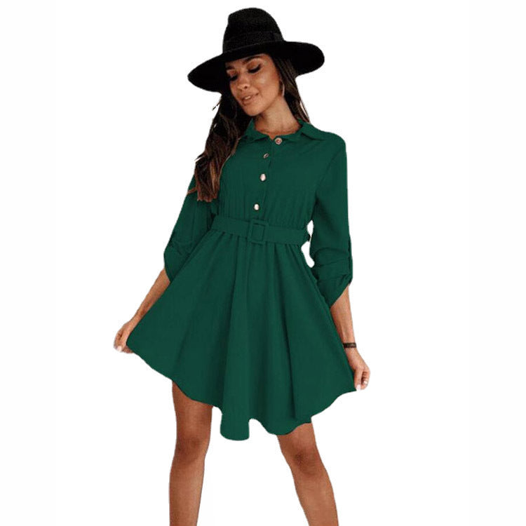Damen Knielanges Hemdblusenkleid mit Taillengürtel und eleganten Details EB
