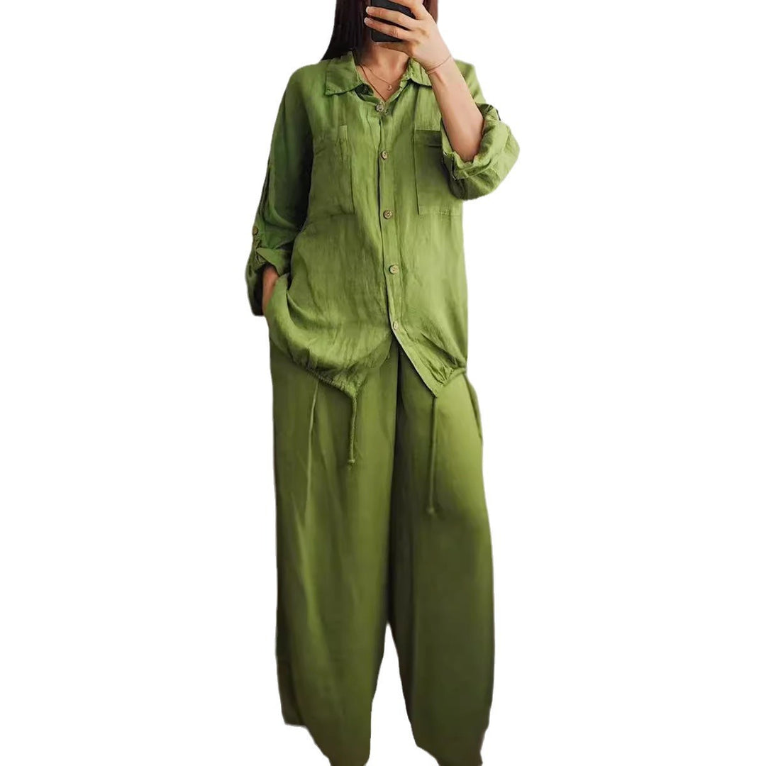 Damen Leinen-Set mit weiten Hosen undlässiger Bluse EB