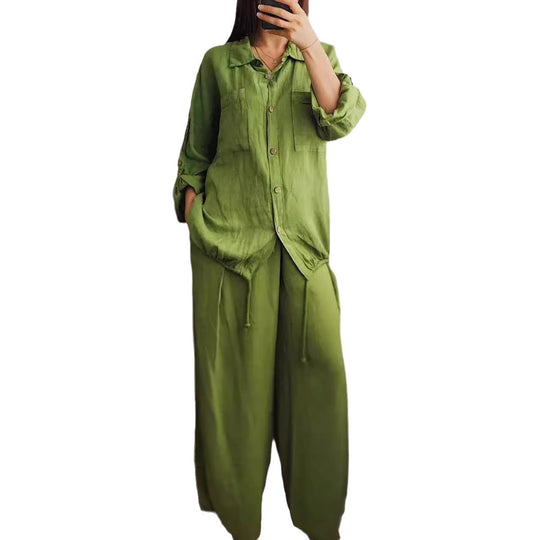 Damen Leinen-Set mit weiten Hosen undlässiger Bluse EB