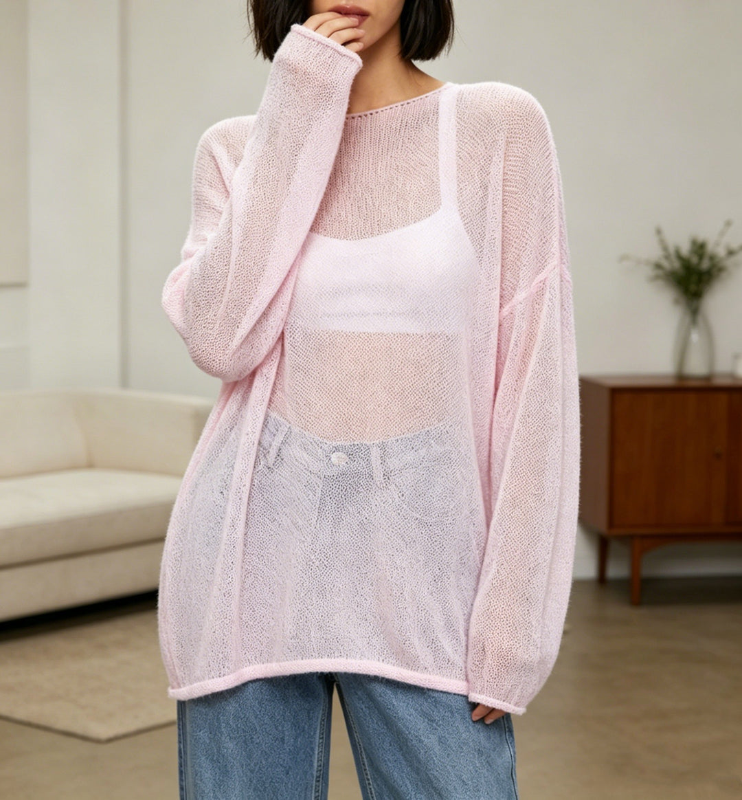 Damen luftiger Oversize-Feinstrickpullover mit weitem Arm und Rundhalsausschnitt EB