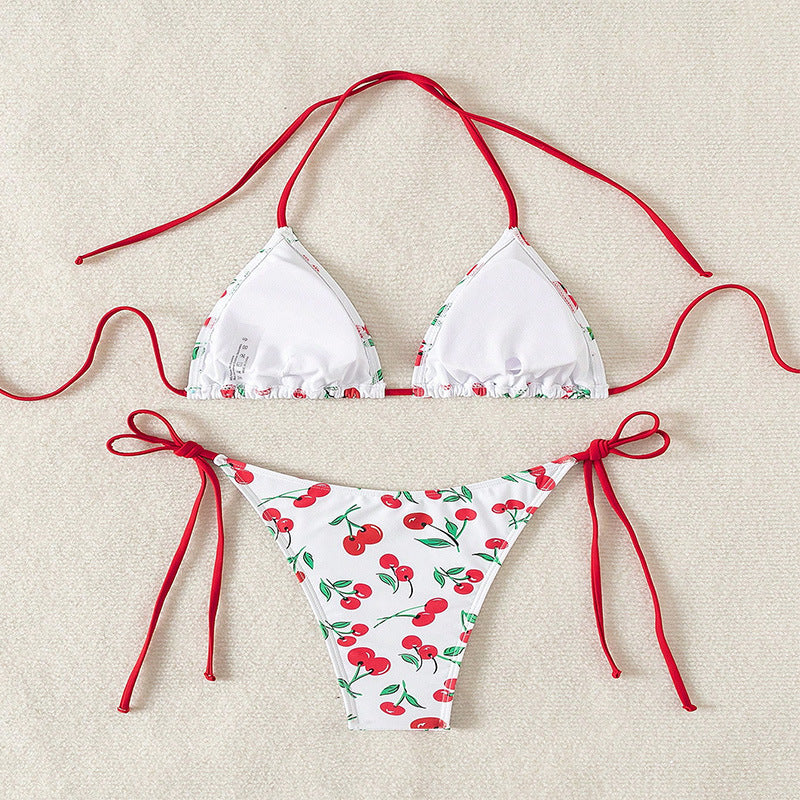 Damen Triangel-Bikini mit fruchtigem Muster und verstellbaren Schnürbändern EB