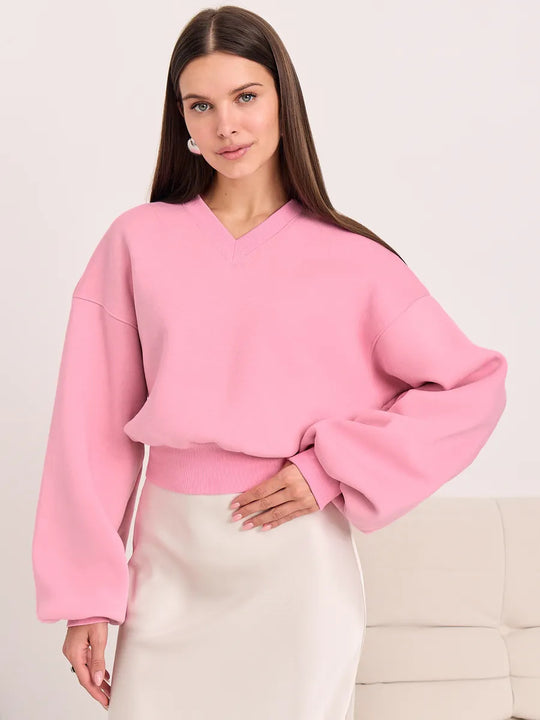 Damen Cropped V-Ausschnitt Pullover mit Ballonärmeln und Rippbund EB