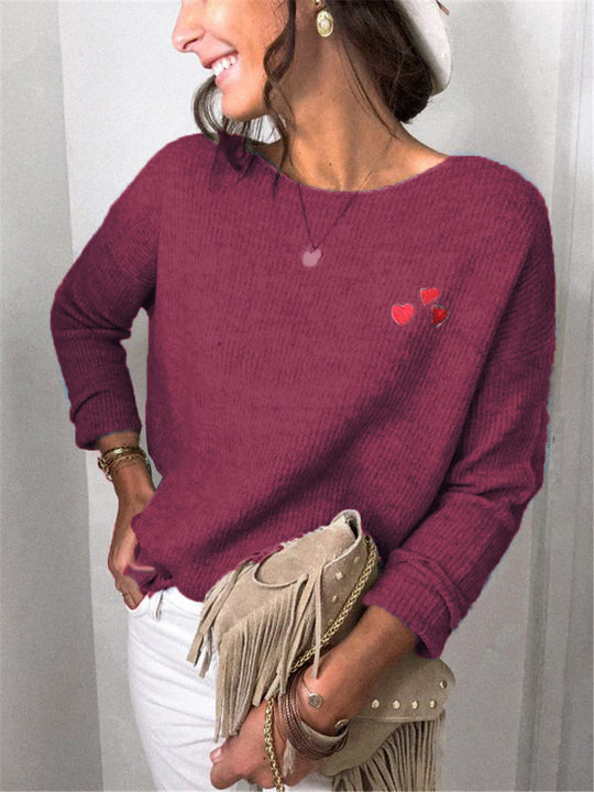 Damen Oversize Strickpullover mit Herz-Stickerei und weitem Boot-Ausschnitt EB