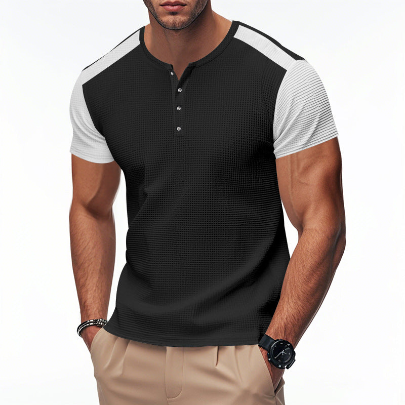 Herren Kurzarm-Henley-T-Shirt mit strukturierter Oberfläche und dezenter Knopfleiste EB