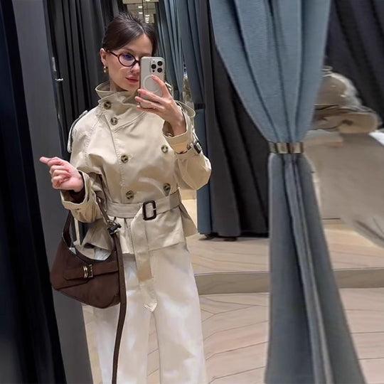 Damen trendige Kurzjacke im modernen Trenchcoat-Stil mit breitem Kragen und Taillengürtel EB