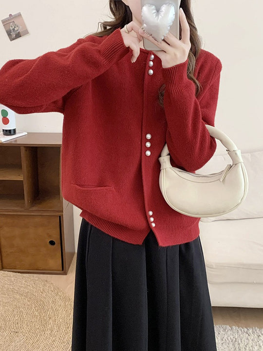 Damen Strickjacke mit eleganten Perlenknöpfen EB