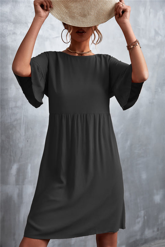 Damen Freizeitkleid mit weit ausgestellten Ärmeln und elastischem Taillenbund EB