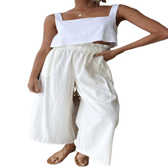 Damen Hochtaillierte Palazzo-Hose mit elastischem Bund und seitlichen Taschen EB