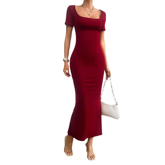 Damen figurbetontes Maxikleid mit quadratischem Ausschnitt und kurzen Ärmeln EB