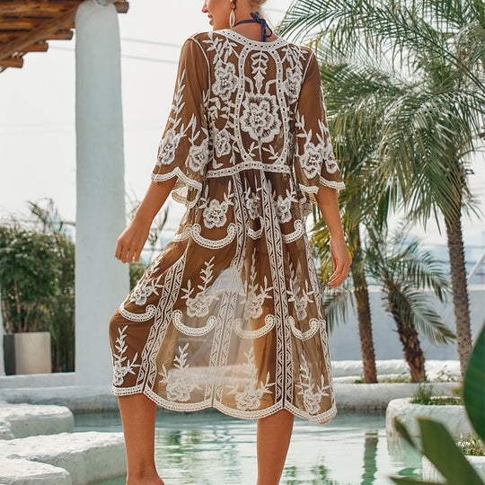 Damen elegante Häkel-Strandrobe mit voluminösen Ärmeln und floralem Design EB