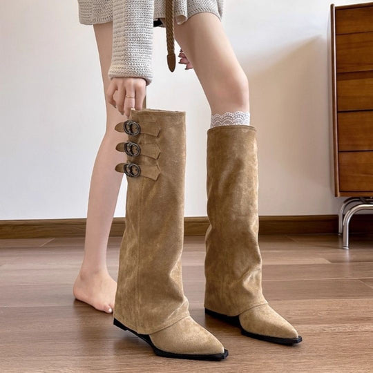 Damen Überknie Stiefel mit modischen Schnallen und hochwertigem Leder EB