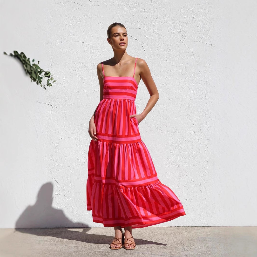 Damen Maxikleid mit Streifenmuster und fließendem Rock EB