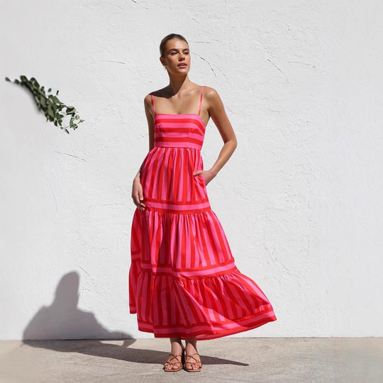 Damen Maxikleid mit Streifenmuster und fließendem Rock EB