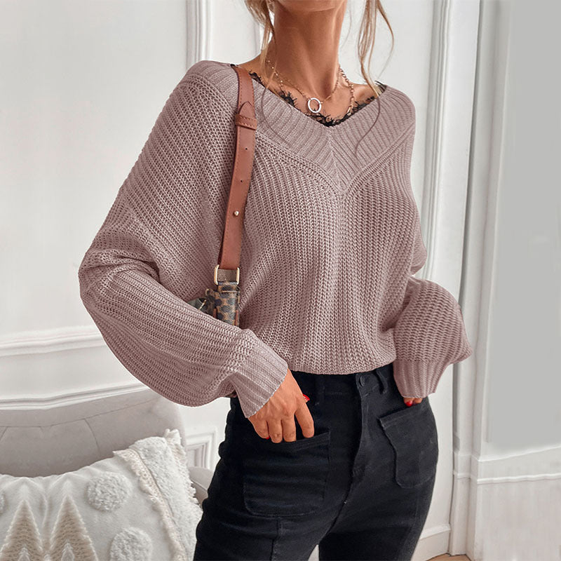 Damen lässiges Strickoberteil mit modischem V-Ausschnitt und detailreicher Textur EB