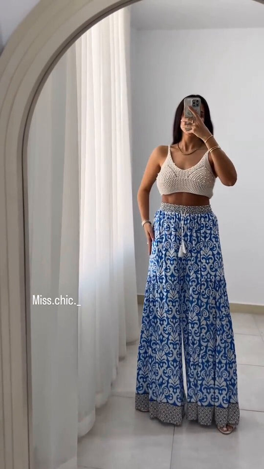 Damen weite Baumwollhose mit eingezogenem Gummibund und modernen Mustern EB