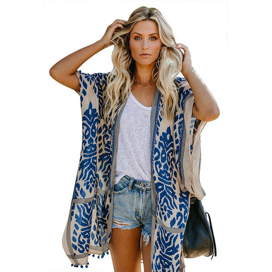 Damen Luftige Kimono-Cardigan mit aufwändigem Muster und fransenbesetzten Saum EB
