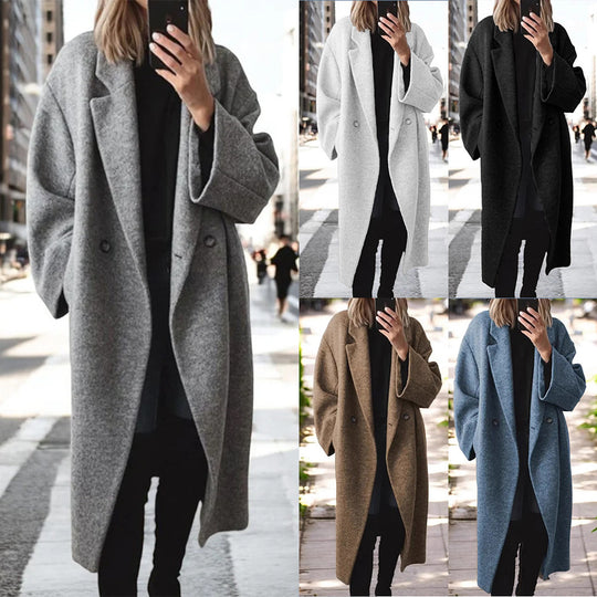 Damen klassischer Oversized-Mantel mit doppeltem Knopfverschluss und breitem Revers EB