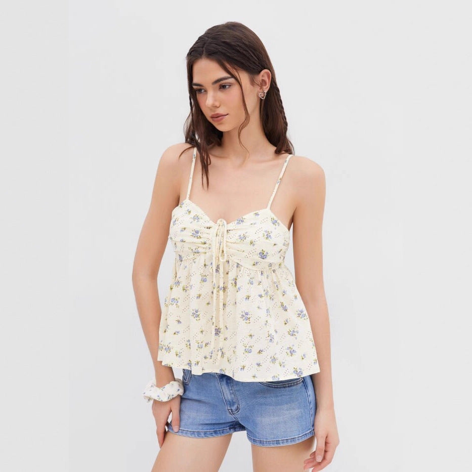 Damen blumiges Sommeroberteil mit dekorativem Kordelzug EB