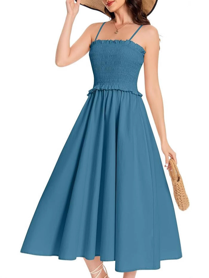 Damen Midi-Kleid mit elastischem Oberteil und weiten Rock EB