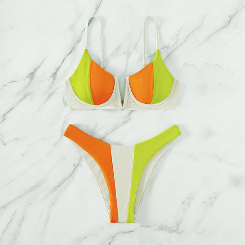 Damen Triangel-Bikini mit buntem Blockdesign und verstellbaren Trägern EB