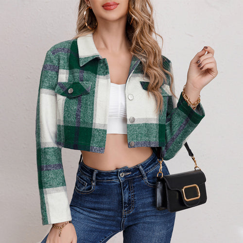 Damen Karierte Jeansjacke im cropped Schnitt mit Brusttaschen EB