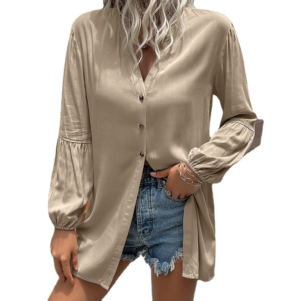 Damen lässige Bluse mit V-Ausschnitt und Ballonärmeln EB