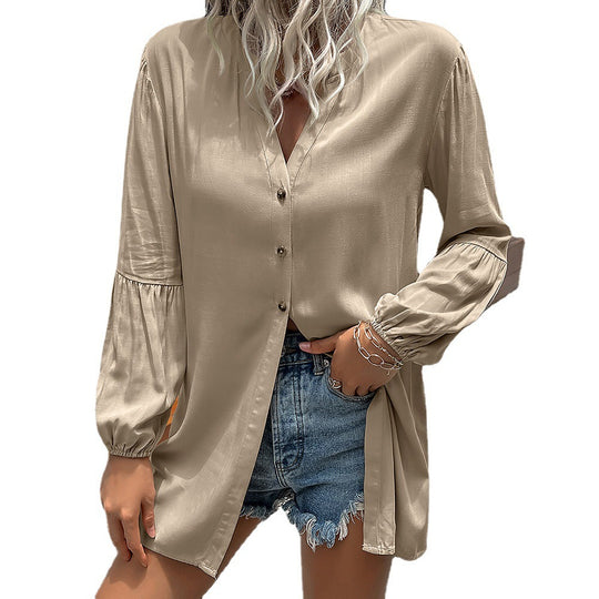 Damen lässige Bluse mit V-Ausschnitt und Ballonärmeln EB