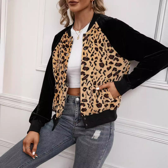Damen elegante Bomberjacke mit Leopardenmuster und Veloursbesatz EB