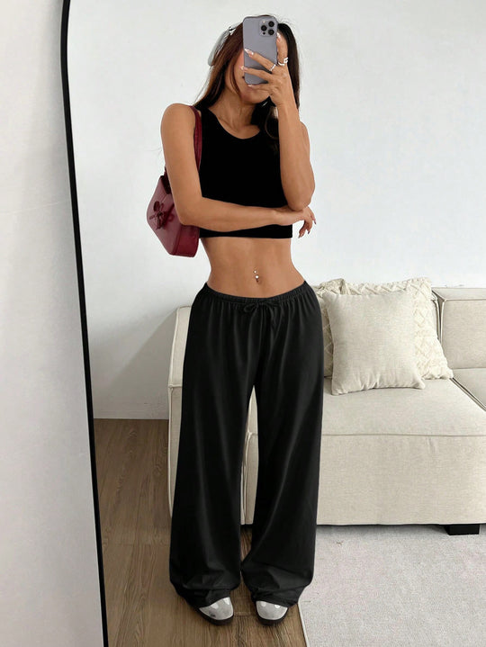 Damen lässiges Cropped-Oberteil und weite Hose Set EB