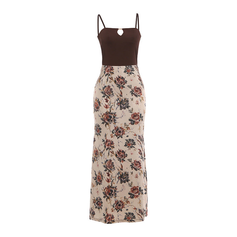 Damen Maxi-Kleid mit modischem Blumenmuster und schmalen Spaghettiträgern EB