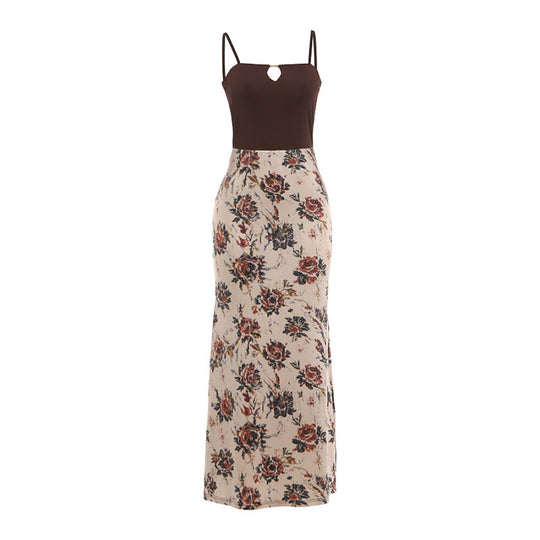 Damen Maxi-Kleid mit modischem Blumenmuster und schmalen Spaghettiträgern EB