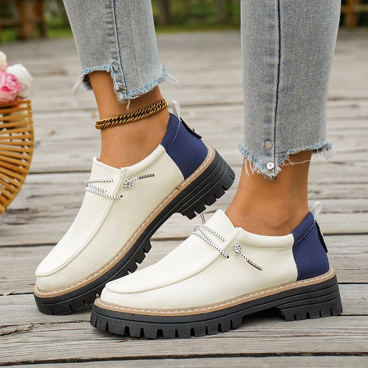 Damen Modische Slipper-Loafer mit grober Profilsohle, Canvas-Obermaterial und dekorativer Kordel EB