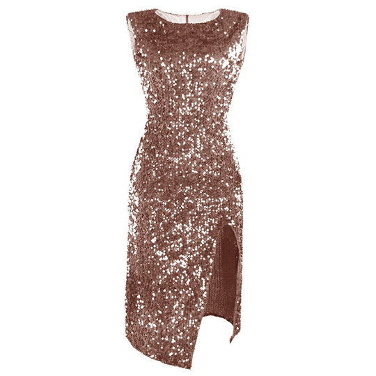 Damen Elegantes Party-Kleid mit glitzerndem Paillettenbesatz und hohem Schlitz EB