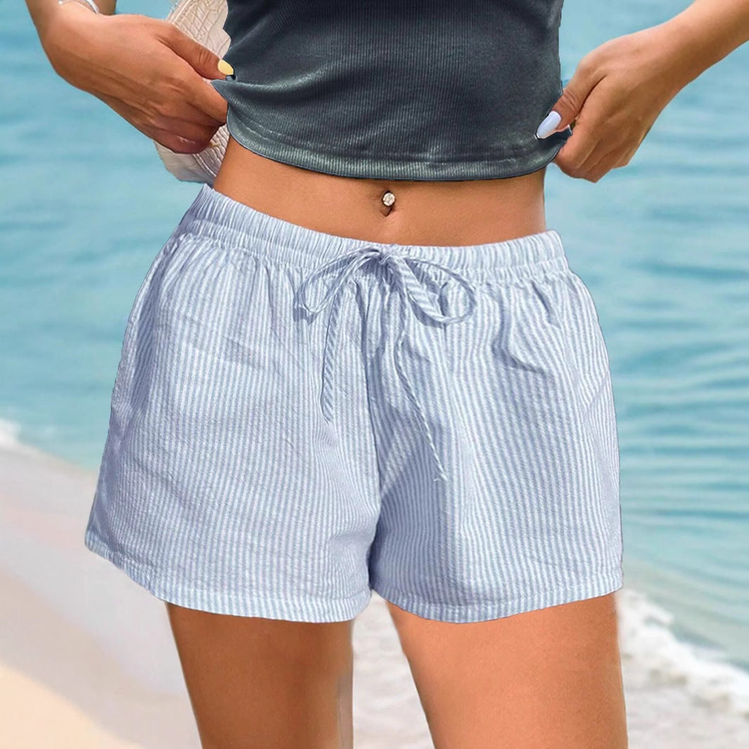 Damen lässige Shorts mit elastischem Bund und feinem Streifenmuster EB