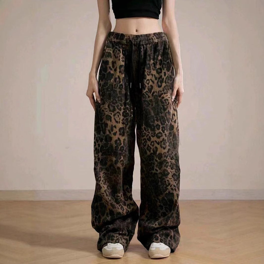 Damen Weite Leopard-Hose mit elastischem Bund und seitlichen Taschen EB