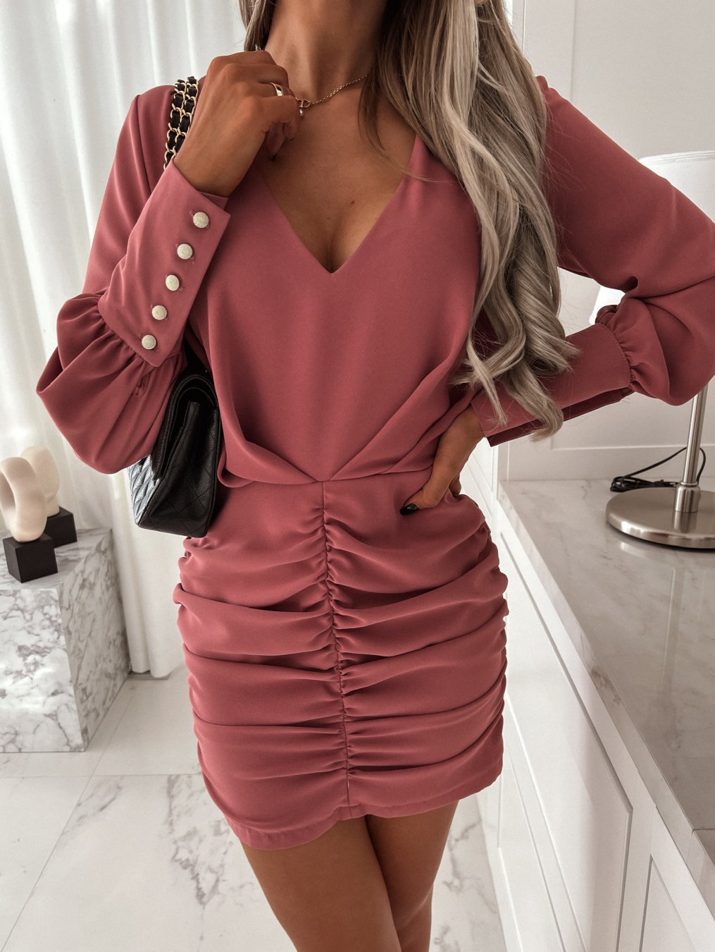 Damen Elegantes V-Ausschnitt Raffung Mini Kleid EB