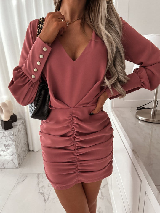 Damen Elegantes V-Ausschnitt Raffung Mini Kleid EB