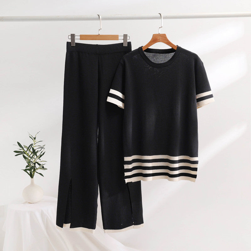 Damen stylisches Strick-Loungewear-Set mit breiten Streifen und seitlichen Schlitzen EB