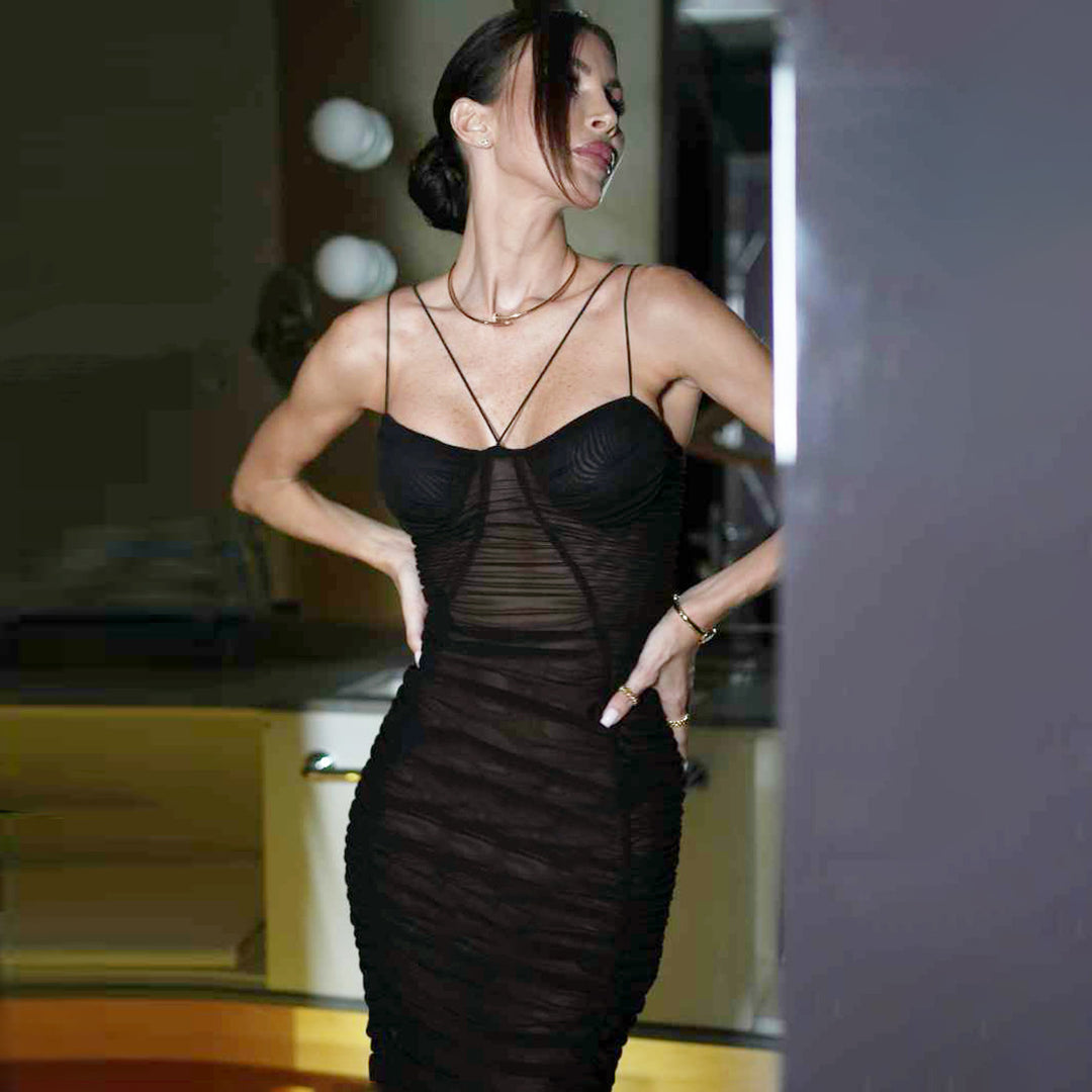 Damen Figurbetontes Maxikleid mit raffinierten Rüschen und Spaghettiträgern EB
