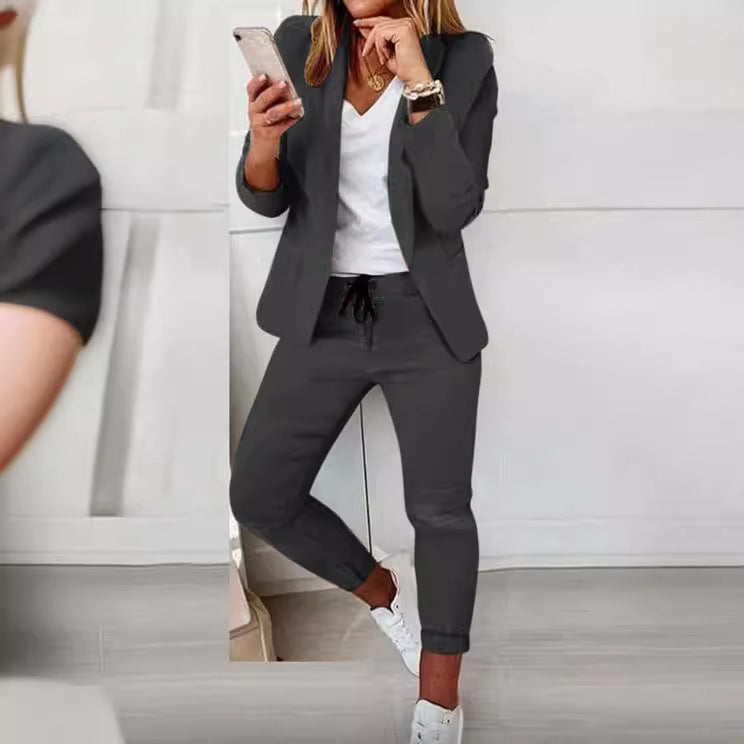 Damen nan lässiges Hosenanzug-Set mit Joggerhose, Kordelzug und tailliertem Blazer EB