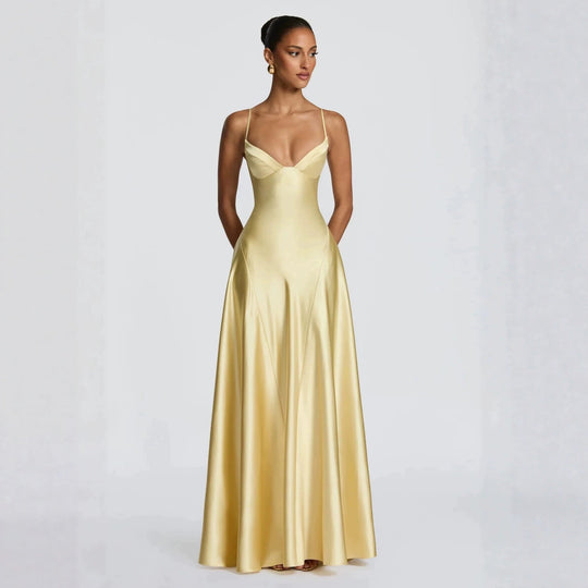 Damen elegantes Satin-Maxikleid mit raffinierten Spaghettiträgern EB