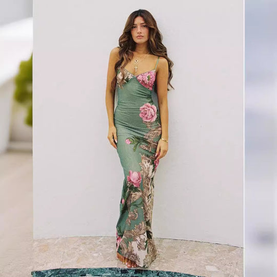 Damen Etuikleid mit zartem floralem Druck und feinen Spaghetti-Trägern EB
