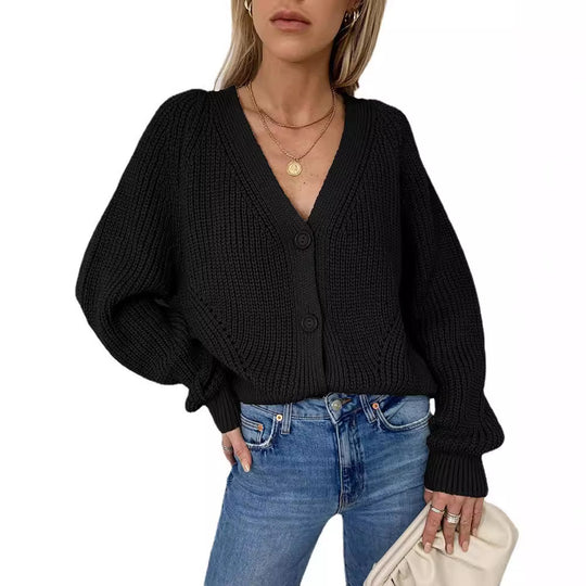 Damen Kurzstrickjacke mit tiefem V-Ausschnitt und Knopfdetails EB