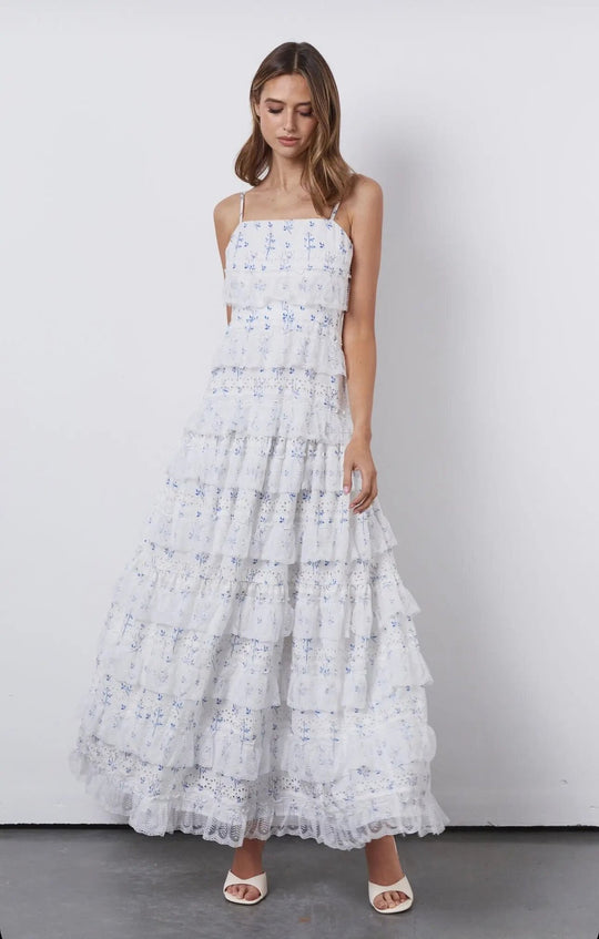 Damen Maxikleid mit floralen Rüschendetails und Spaghettiträgern EB