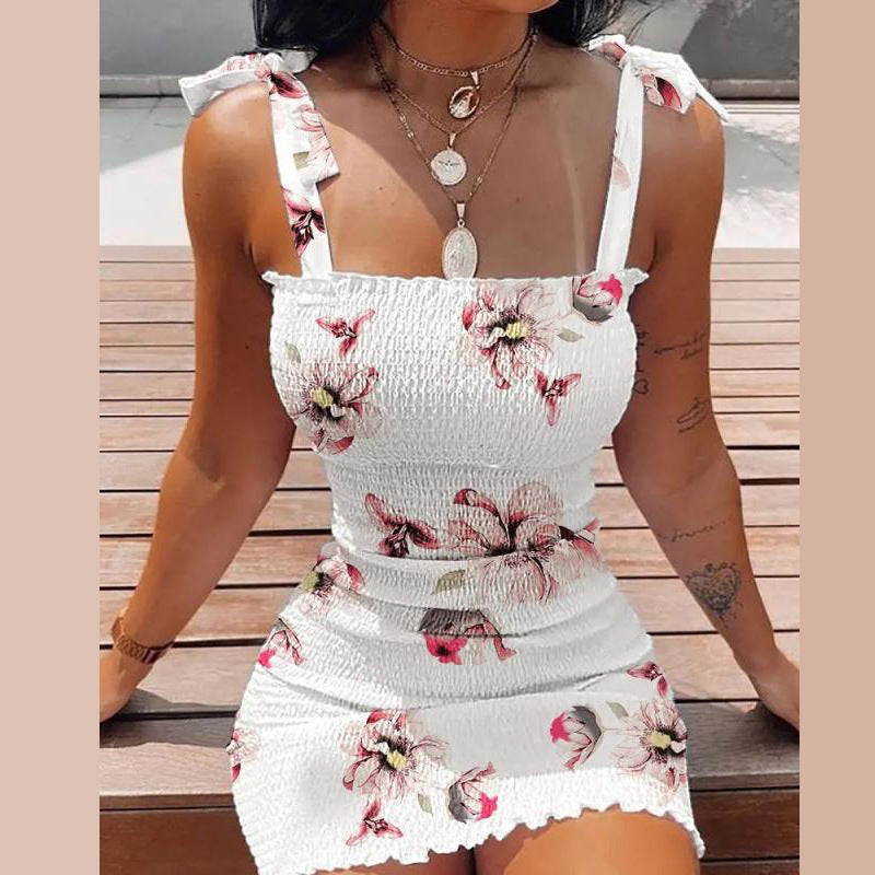 Damen Kurzkleid mit Blumenmuster und Spitzenträgern EB